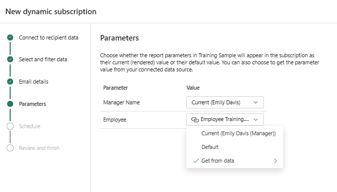 Capture d’écran montrant les options de paramètres dynamiques dans la fenêtre Paramètres dans le service Power BI.