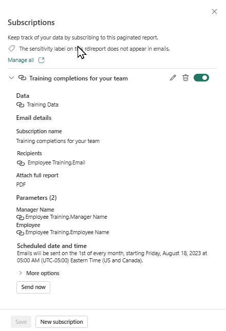 Capture d’écran montrant le volet Abonnements dans le service Power BI.
