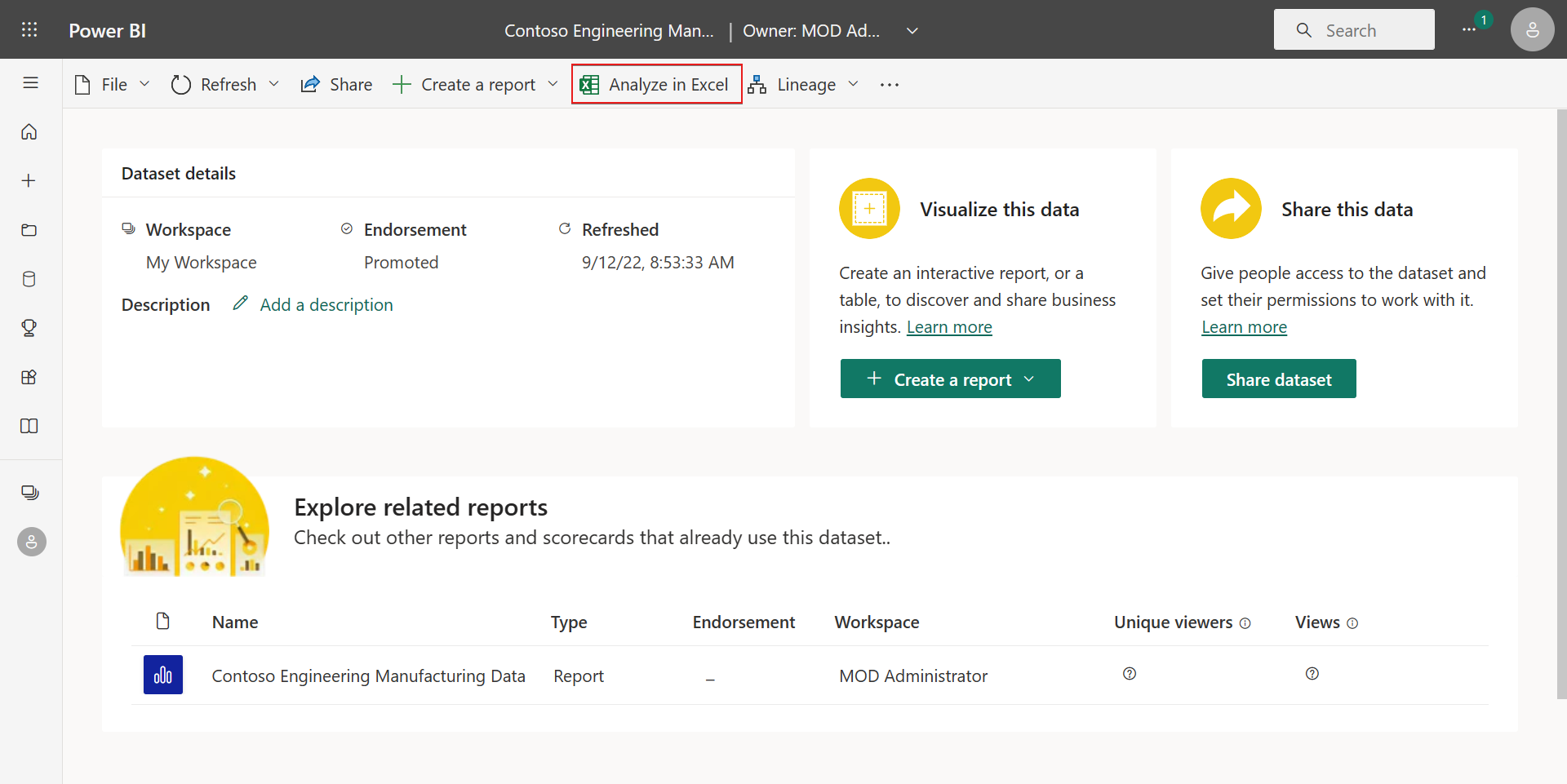 Capture d’écran montrant l’option Analyser dans Excel dans la page Détails du modèle sémantique.
