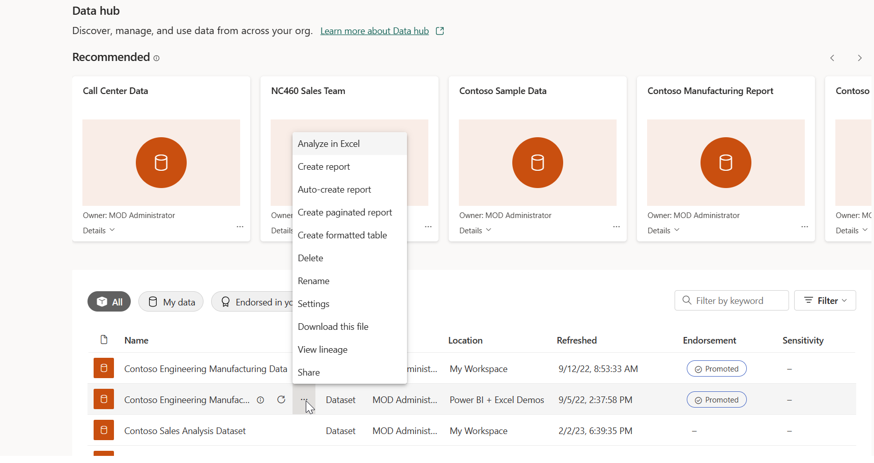Capture d’écran montrant la sélection de Autres options, puis de l’option Analyser dans Excel.
