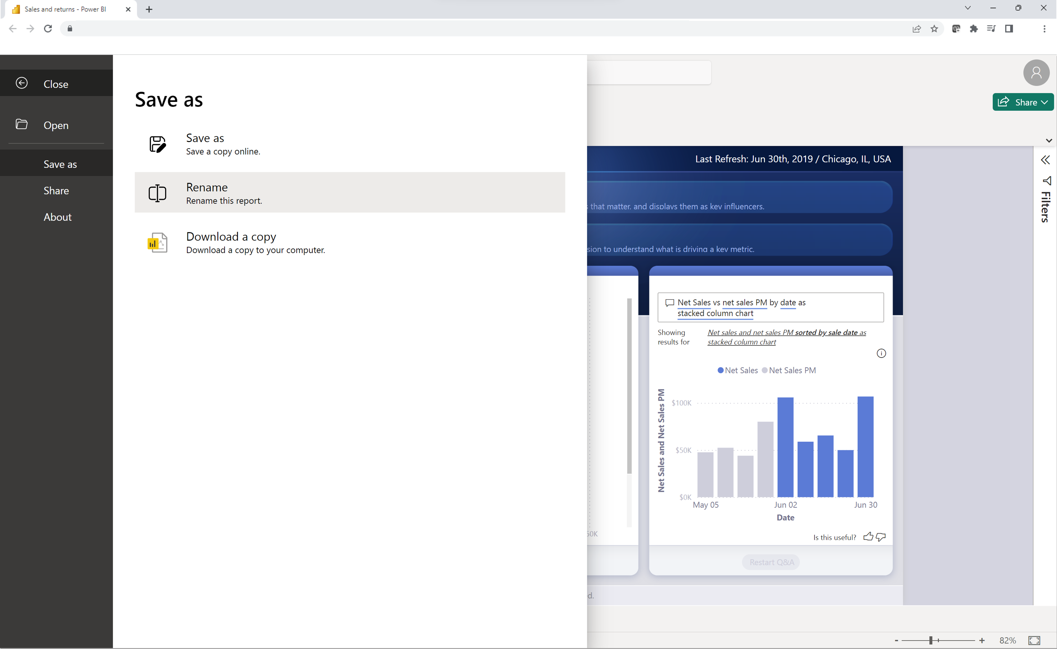 Capture d'écran du renommage du fichier Power BI à partir du menu Fichier.