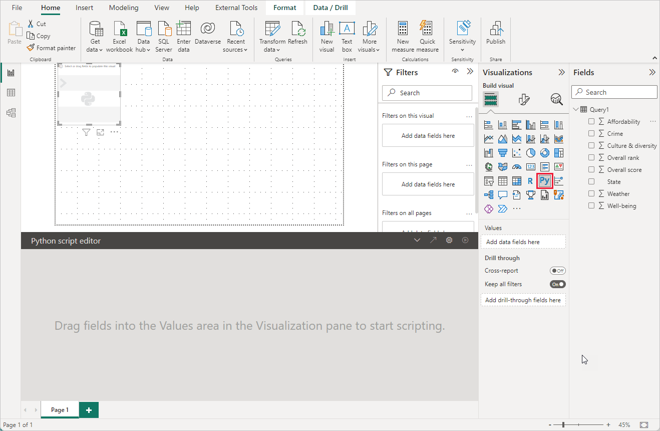 Screenshot of the Visualizations pane, showing a blank Python visual.