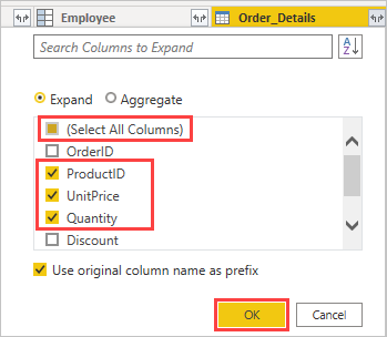 Screenshot that highlights the ProductID, UnitPrice, and Quantity columns.