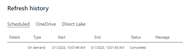 Table d’historique des actualisations répertoriant les opérations d’actualisation planifiées et à la demande