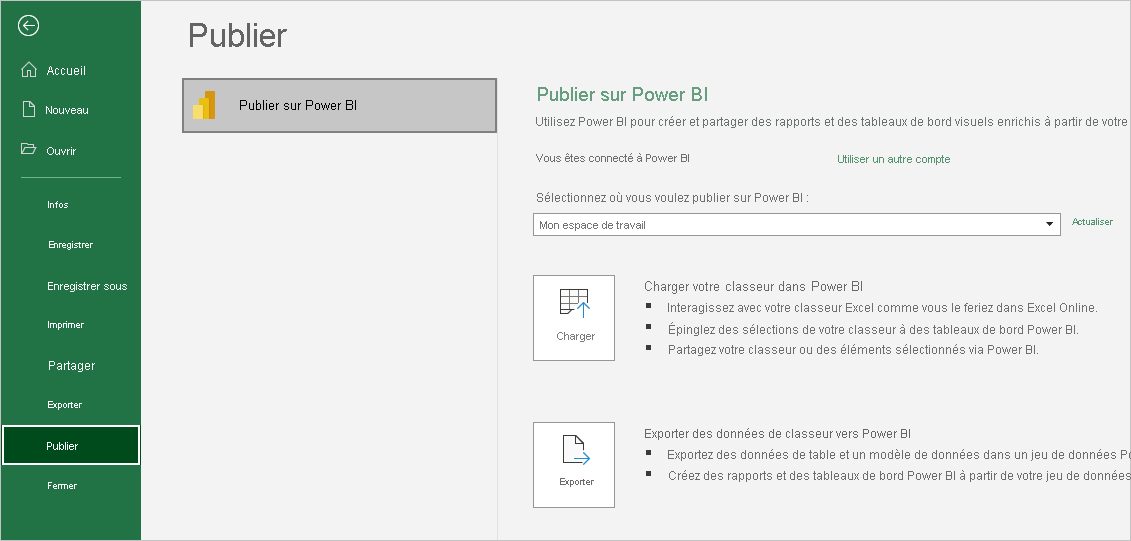 Screenshot that shows Publish a workbook to Power BI in Excel.