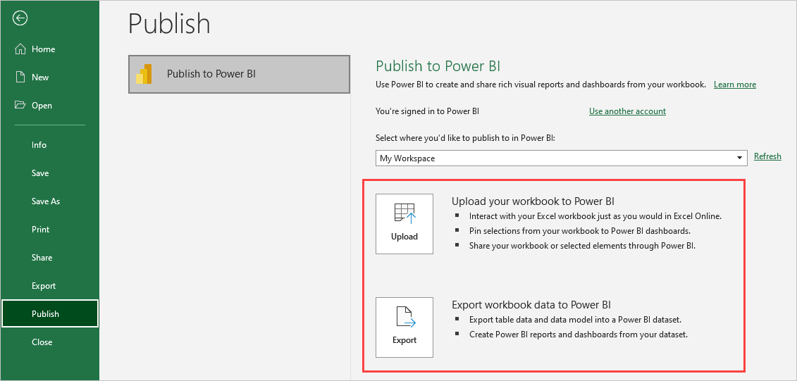 Screenshot shows that shows the Upload and Export options.