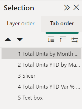 Capture d’écran de l’ordre de tabulation dans le volet Sélection