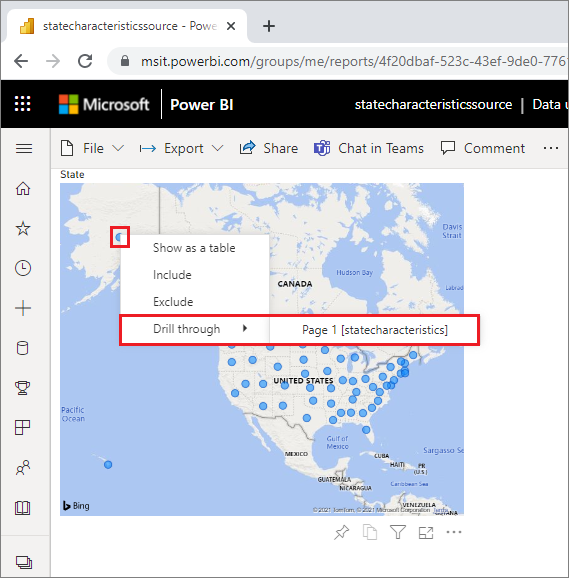 Screenshot showing Power BI cross-report drillthrough option.