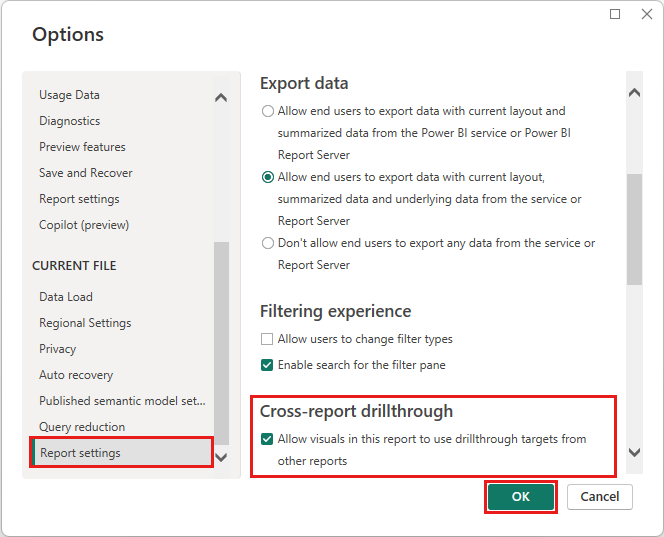 Capture d’écran montrant l’activation de l’extraction interrapport dans Power BI Desktop.