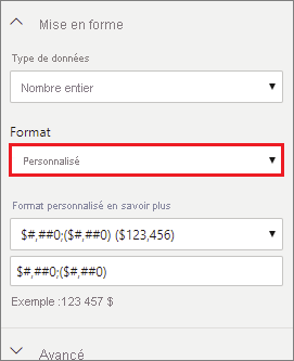 Capture d’écran du menu Mise en forme, mettant en surbrillance Personnalisé.