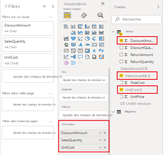Capture d’écran du volet Visualisations montrant trois champs ajoutés au compartiment Info-bulles.