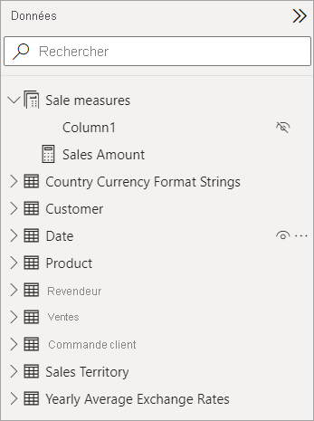Capture d’écran de Column1 dans le groupe de mesures Sales.