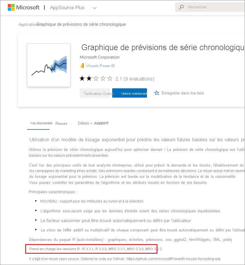 Capture d’écran montrant les versions de R prises en charge pour un visuel personnalisé Power BI basé sur R.