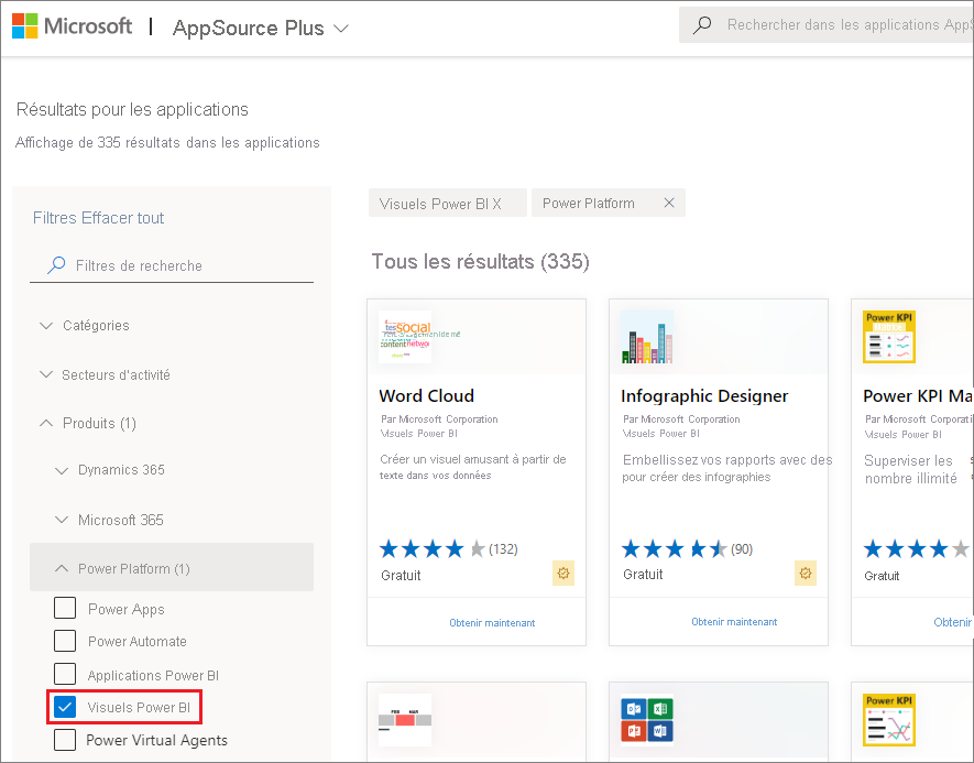 Capture d’écran d’AppSource avec visuels Power BI sélectionnés dans le volet gauche.