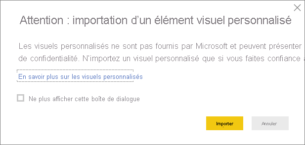 Capture d’écran montrant l’avertissement lors de l’importation d’un visuel personnalisé dans Power BI Desktop.