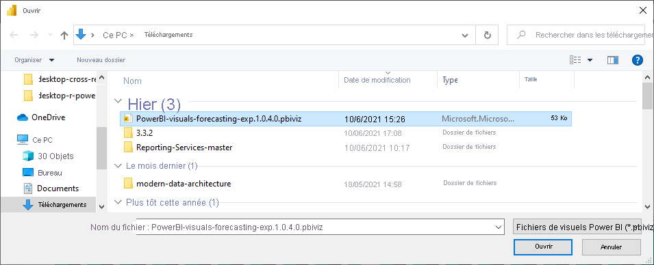 Capture d’écran montrant la sélection d’un fichier de visualisation personnalisée Power BI pour importation.