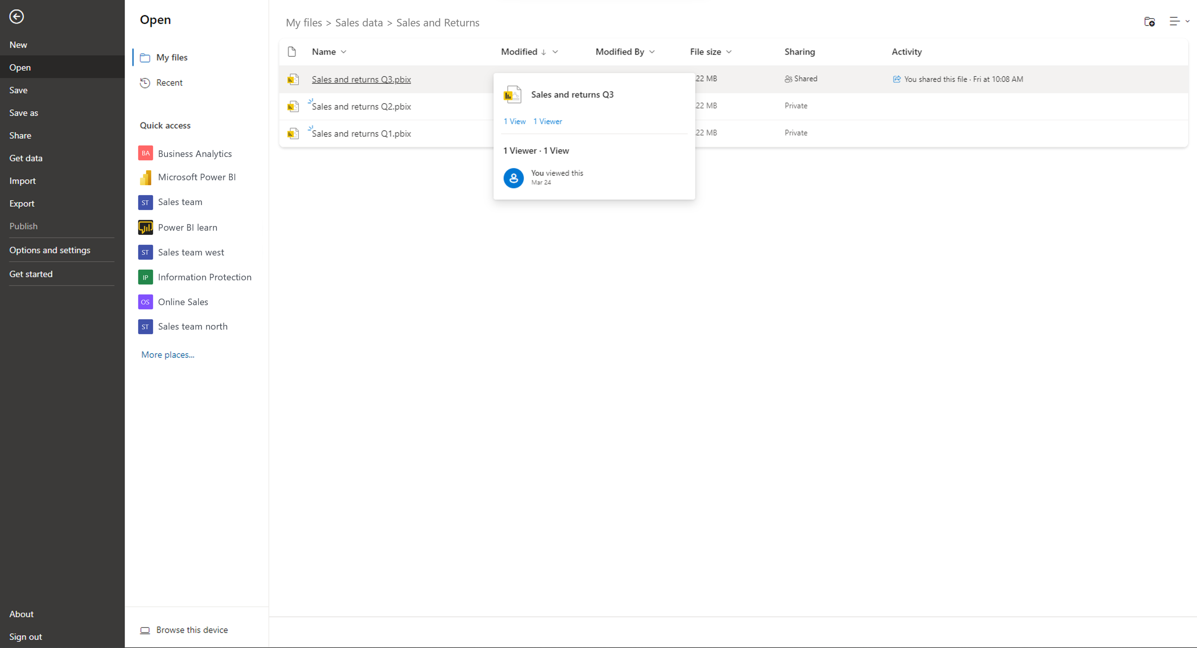 Capture d’écran des fichiers OneDrive dans le menu Fichier.