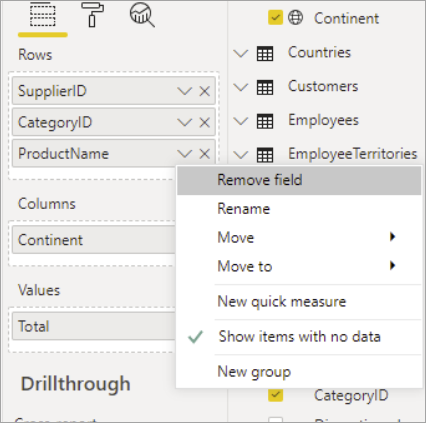 Screenshot of the fields menu, highlighting Show items with no data from the SupplierID shortcut menu.