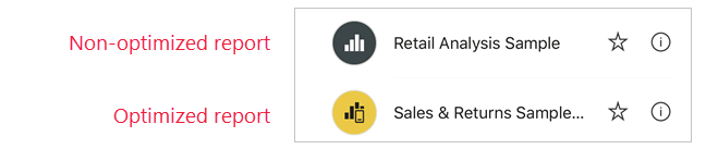 Capture d’écran montrant l’icône de rapport optimisé dans les applications mobiles Power BI.