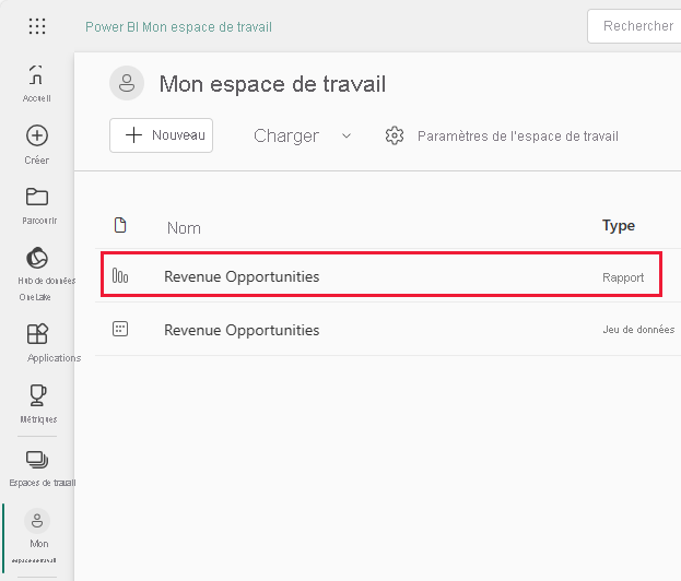 Screenshot shows the Revenue Opportunities sample report and semantic model links.