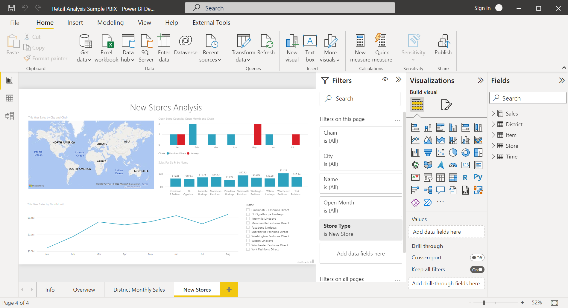 Capture d’écran montrant l’exemple Analyse de la vente au détail en mode rapport Power BI.