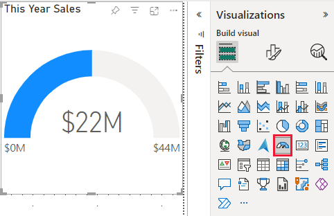 Screenshot of the visual and the Visualizations pane, highlighting the Gauge template icon.