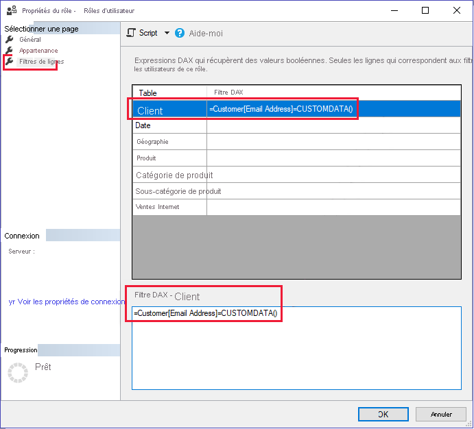 A screenshot showing how to add the function customData to the DAX query in a new role in Analysis Services server.