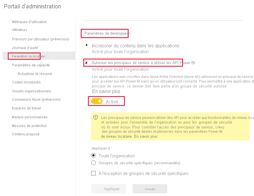 Capture d’écran montrant comment activer l’option des paramètres de développeur, dans l’option de menu Paramètres du locataire, dans le service Power&nbsp;BI.