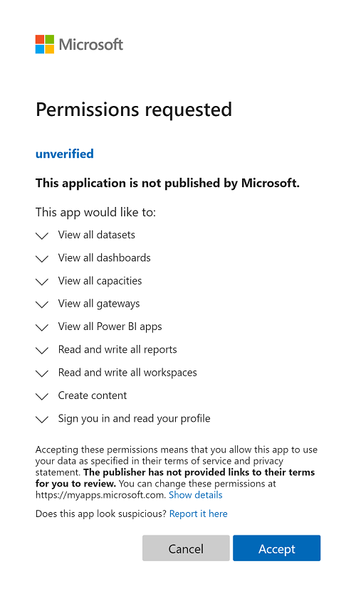 Capture d’écran montrant la fenêtre contextuelle Autorisations demandées de Microsoft qui demande aux clients d’accorder des autorisations pour accéder à Power&nbsp;BI.