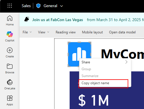 Capture d’écran d’un rapport de service avec le nom de l’objet de copie sélectionné.