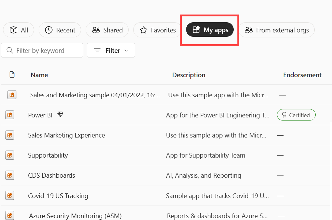 Capture d’écran montrant la section Mes applications de Power BI Home.