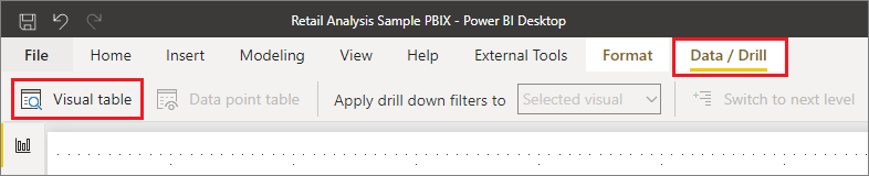 Screenshot qui indique où trouver la fonctionnalité de table visuelle sous l’onglet Données/Extraction du ruban Power BI Desktop.
