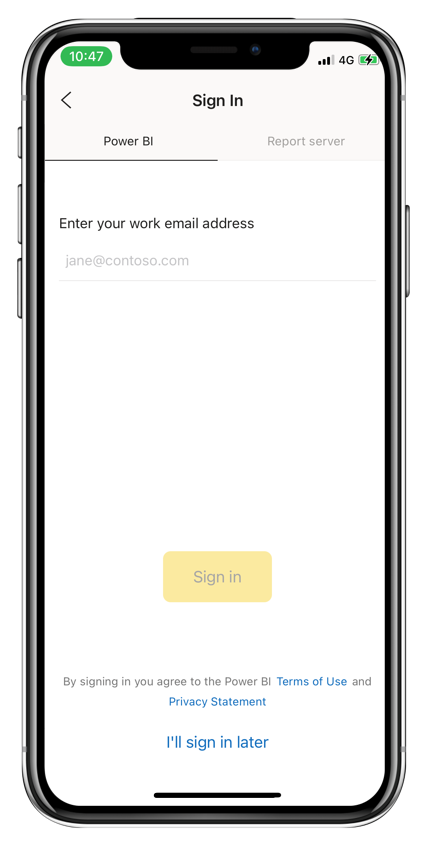 Capture d’écran de l’écran de connexion de l’application mobile Power BI.