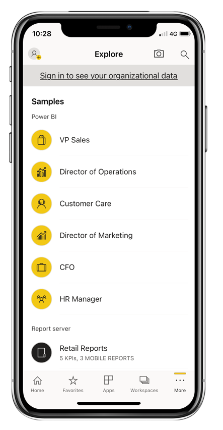 Capture d’écran des exemples Power BI pour mobile.