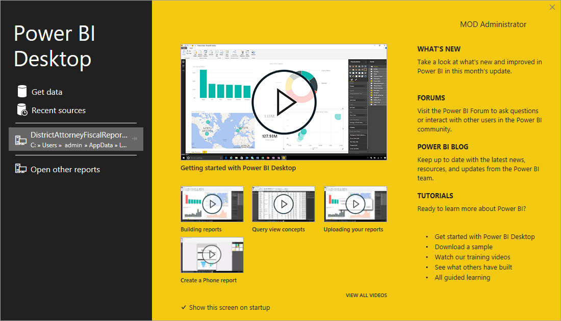 Screenshot of Power BI Desktop installation showing the welcome screen.