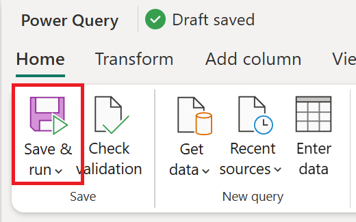 Capture d’écran du bouton Enregistrer et exécuter dans Power Query Online.