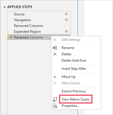 Capture d'écran de Power BI Desktop montrant l'option « Afficher la requête native » sous Étapes appliquées.  