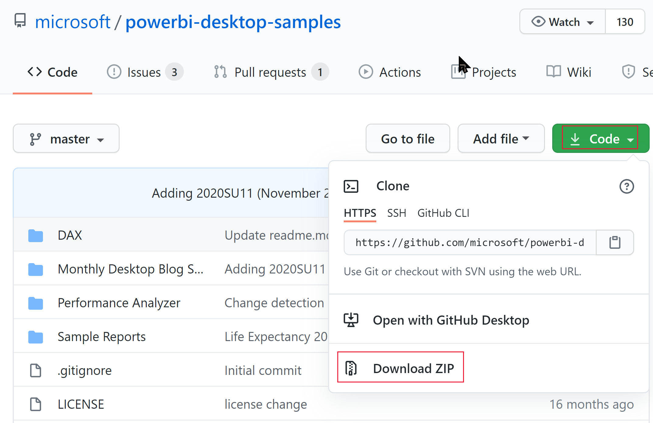 Capture d’écran de l’option de téléchargement ZIP dans les exemples GitHub de Power BI Desktop.