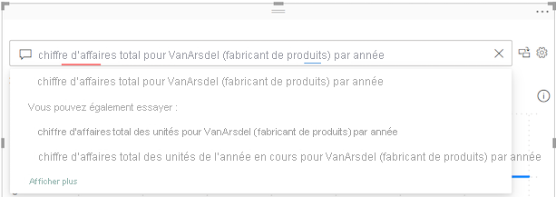 Screenshot of the Q&A question field with suggested terms from the semantic model underlined in blue and corresponding suggested questions from Power BI.