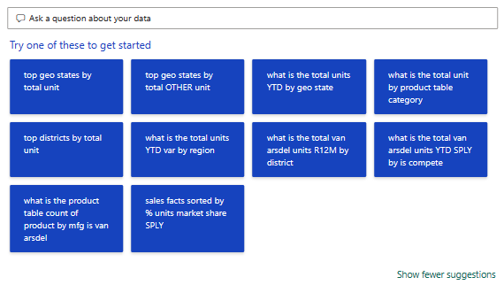 Screenshot that shows the report canvas with all suggestions visible and some of the Data pane fields expanded.