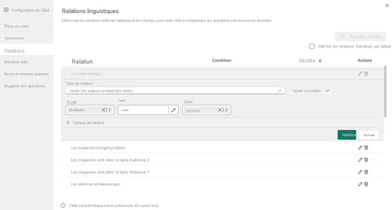 Capture d’écran d’un exemple de relation linguistique : « les magasins vendent des produits ».