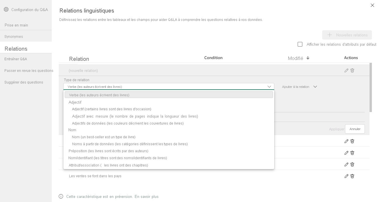Capture d’écran de la liste déroulante répertoriant les différents types de relations linguistiques.