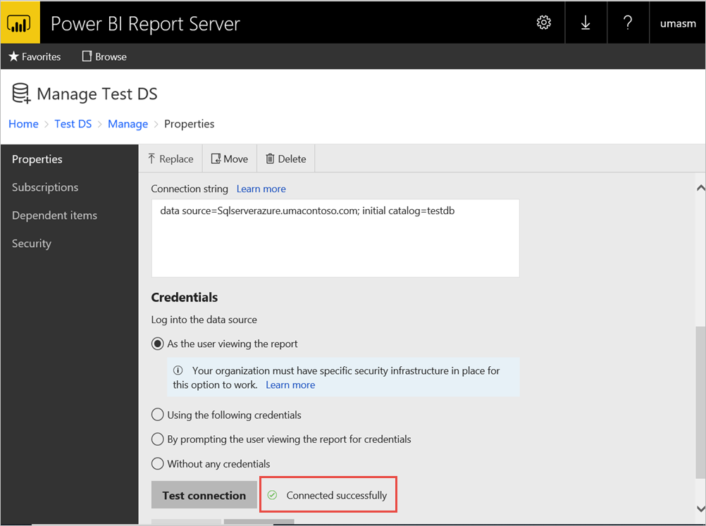 Capture d’écran du portail Power BI Report Server connecté avec succès.