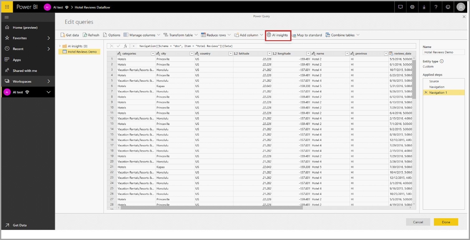 Capture d’écran de Power Query mettant en évidence le bouton Insights IA.