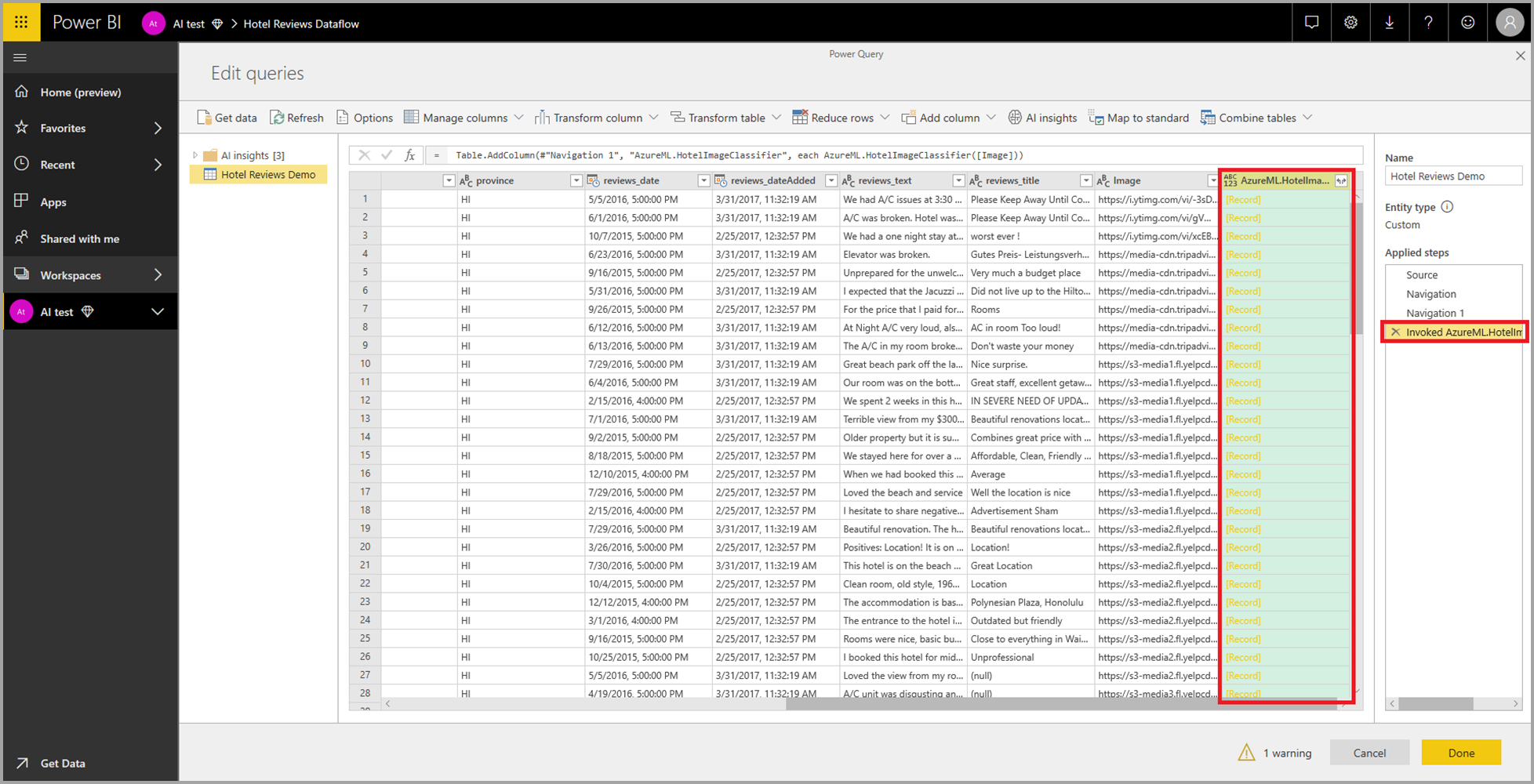 Capture d’écran de l’aperçu de la sortie mis en évidence dans Power Query.