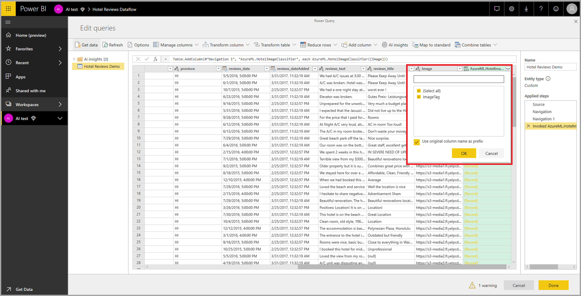 Capture d’écran des options Développer la colonne.