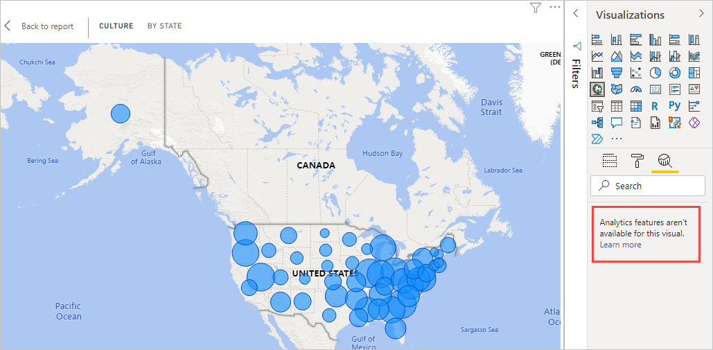 Capture d’écran d’un visuel avec un message dans le volet Analytique indiquant que l’analytique n’est pas disponible pour ce visuel.