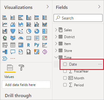 Capture d’écran de Power&nbsp;BI&nbsp;Desktop montrant le filtre Date dans le volet Champs.