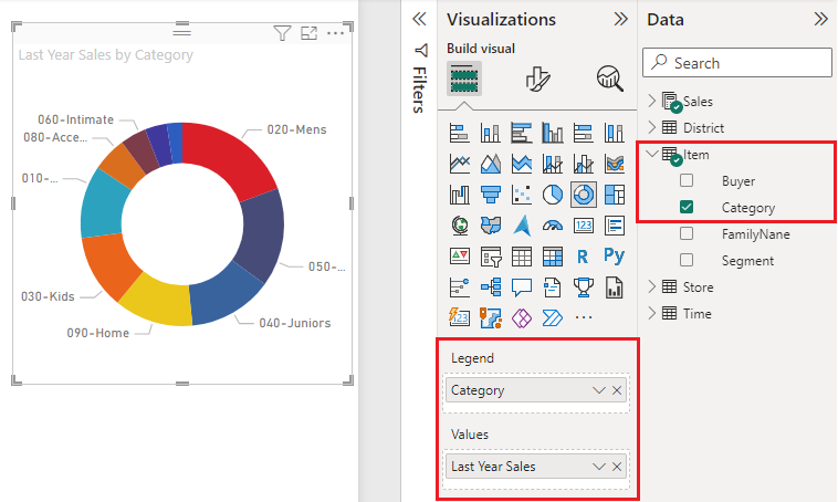 Screenshot that shows a doughnut chart next to the Data pane.