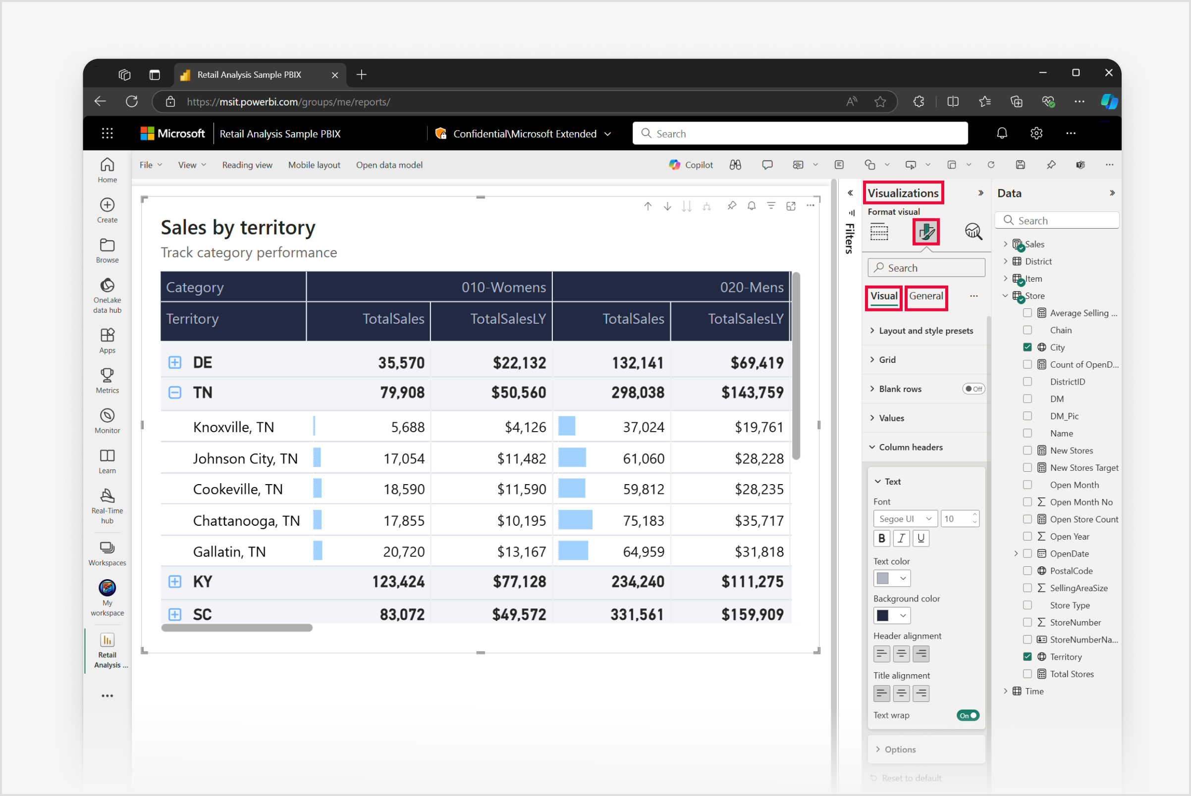 Capture d’écran de Power BI Desktop montrant un visuel de matrice mis en forme dans le canevas de rapport, avec le volet Visualisations, l’icône Mise en forme du visuel et les onglets Visuel et Général mis en surbrillance.